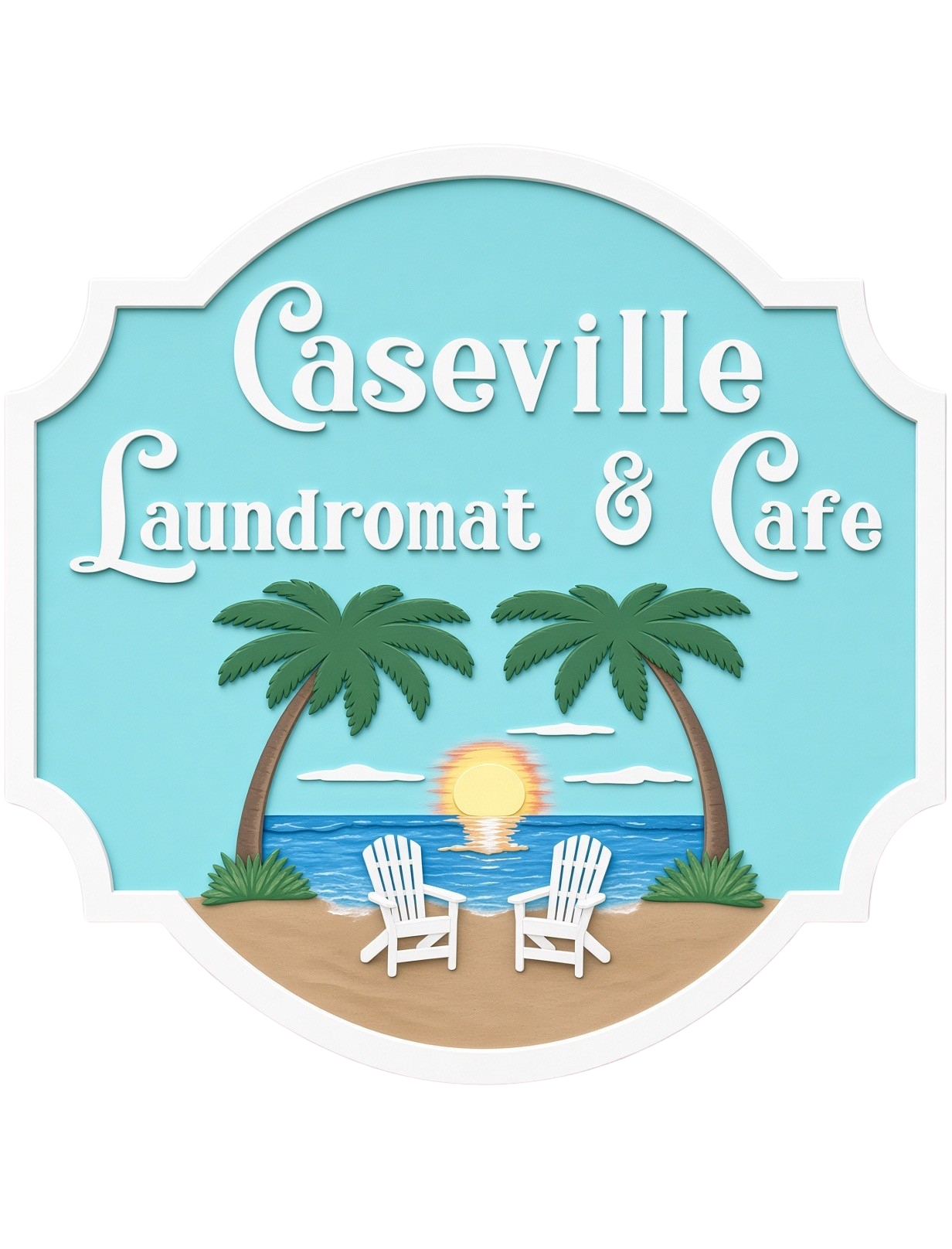 Caseville Laundromat & Cafe sign with palm trees and a sunset